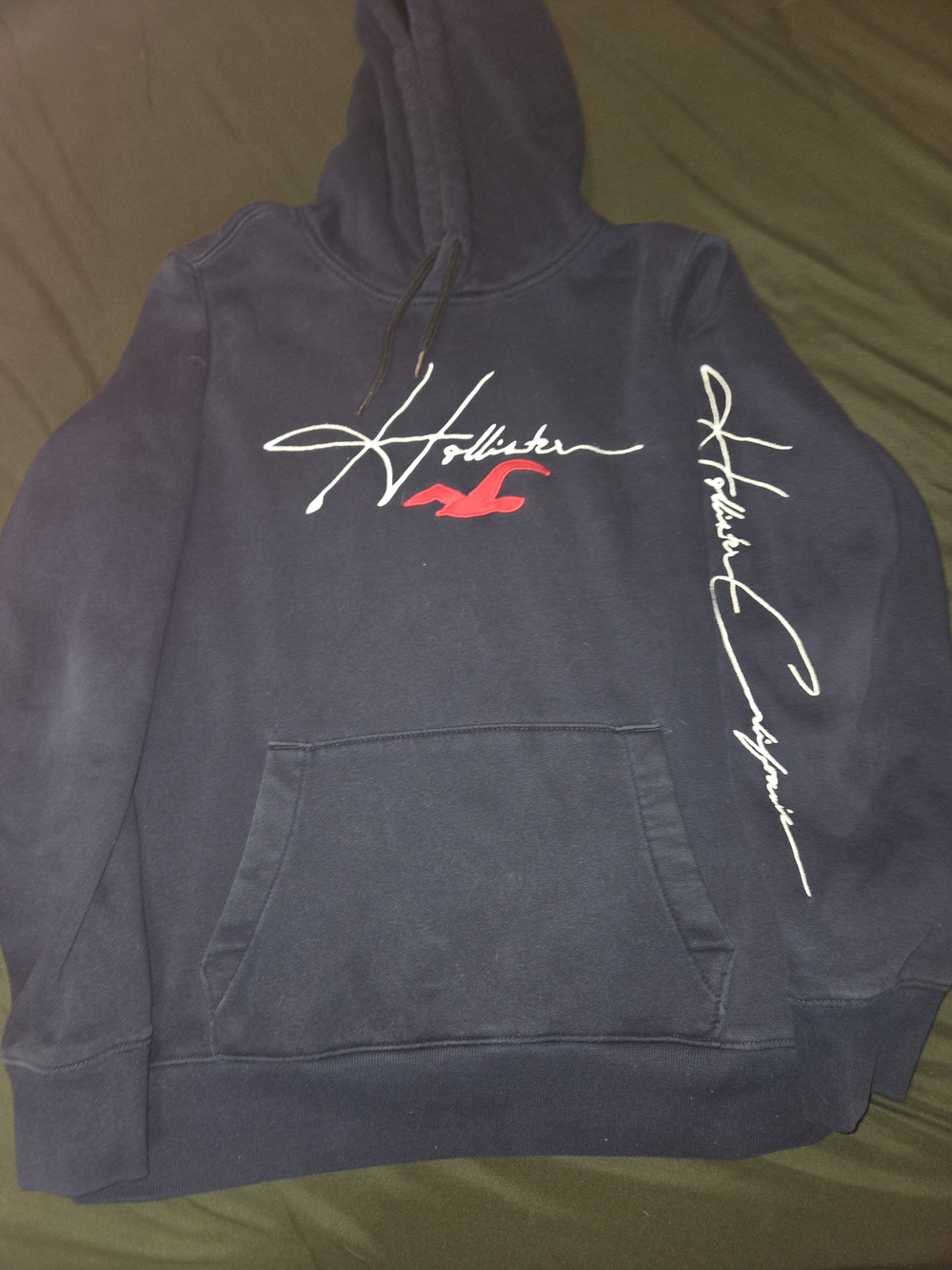 Y2K Hollister Navy Blue Logo Hoodie Lettering On Sleeves Collegiate Size Medium